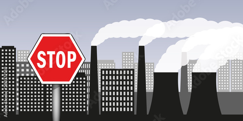 city and industry with air pollution industry smog and stop warning sign vector illustration EPS10