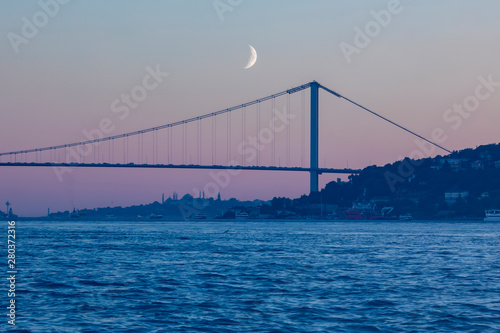 Night Cityscape and Seascape , Moon, Istanbul Bosphorus Bridge