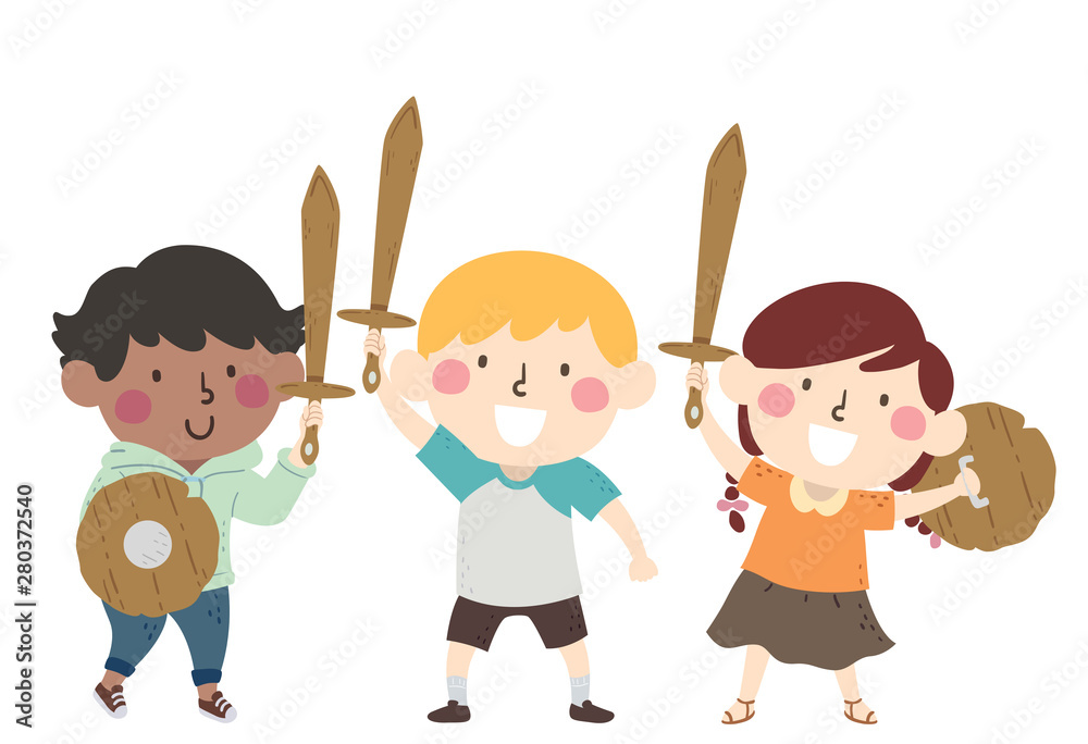 Kids Medieval Wooden Sword Shield Illustration Kids Medieval Wooden Sword Shield Illustration