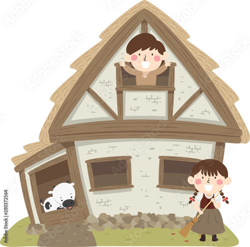 Kids Peasant House Cow Illu...
