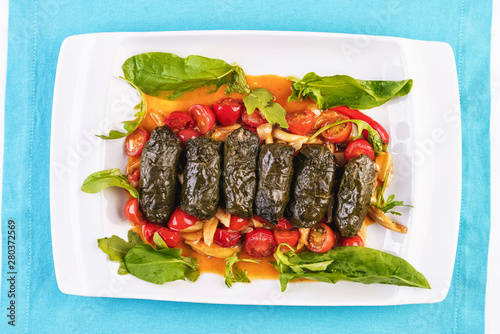Uzbek cuisine, oriental cuisine. Dolma - Leaves of grapes, boiled rolls with meat, beef and rice. Served with vegetables - tomatoes, peppers, cucumbers and onions