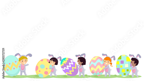 Stickman Kids Bunny Easter Eggs Walk Border