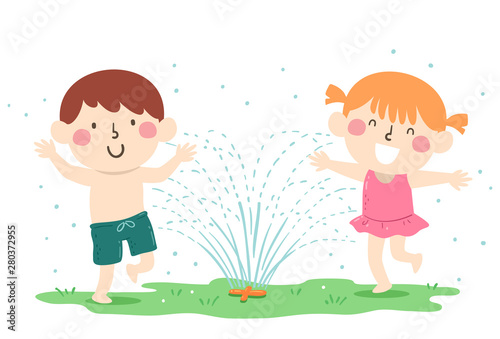 Kids Play Garden Sprinklers Illustration