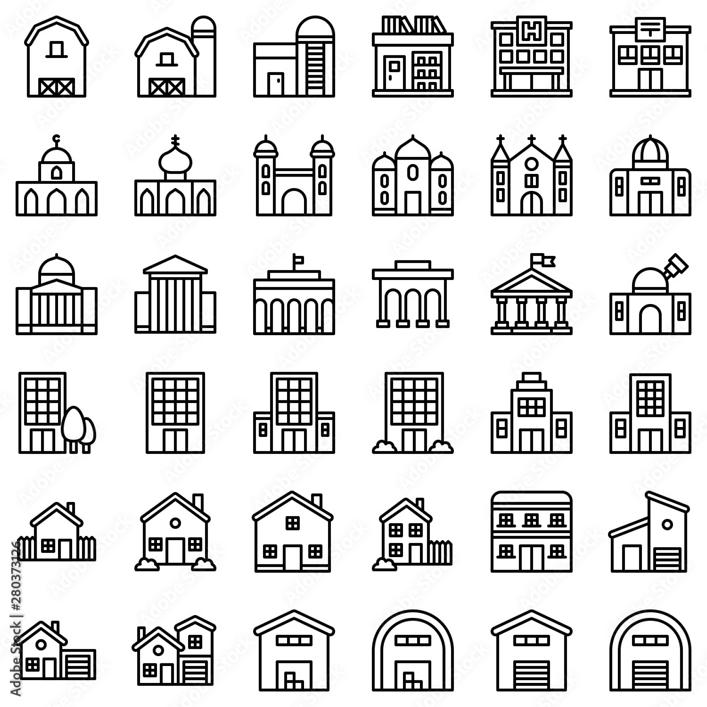 Buildings set line design editable outline icons of school college house mosque church banks