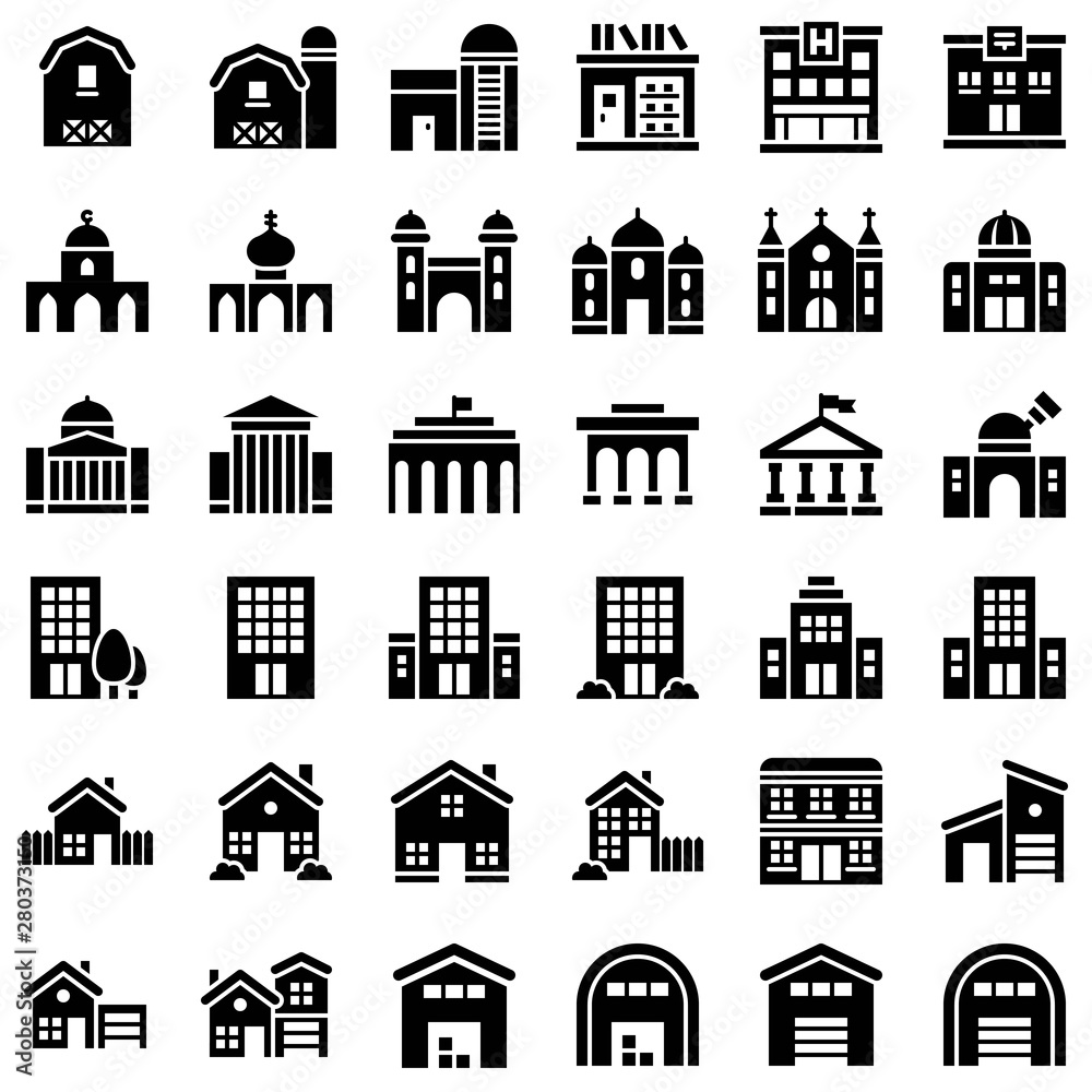 Buildings set solid design editable outline icons of school college house mosque church banks