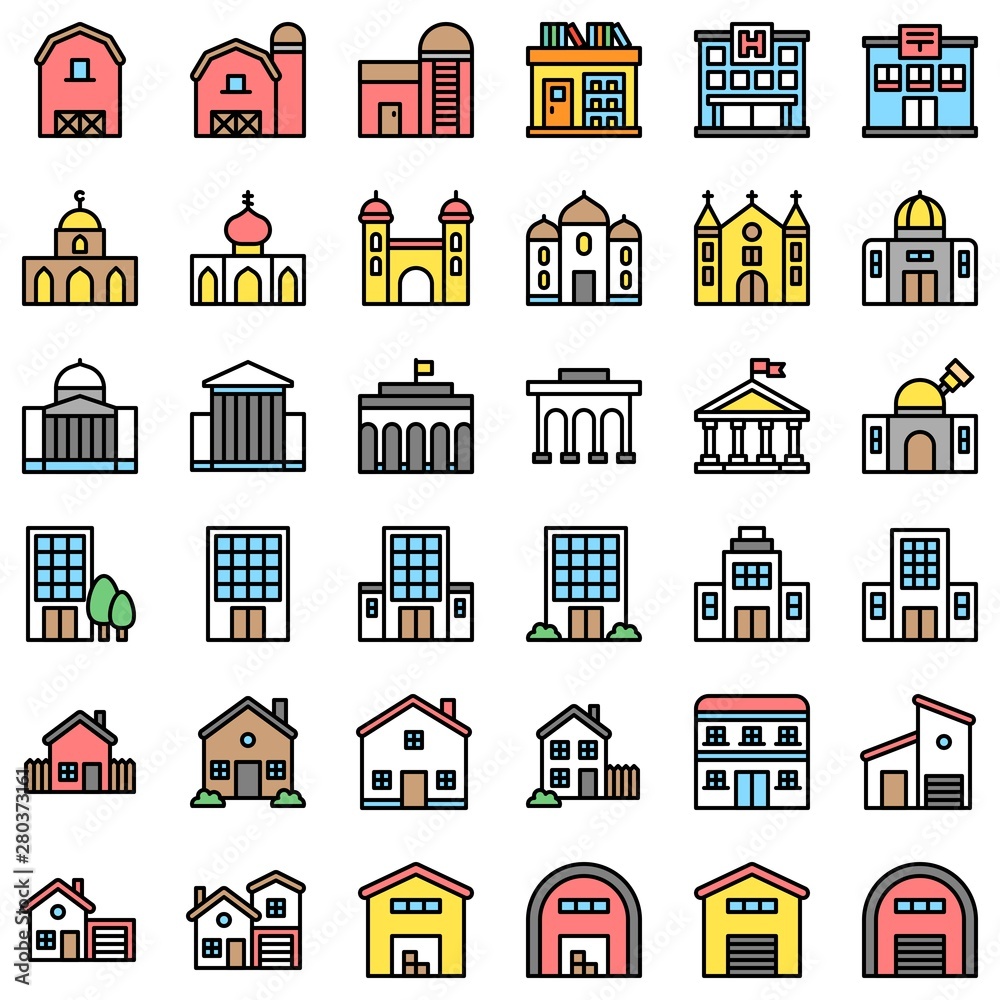 Buildings set filled design editable outline icons of school college house mosque church banks