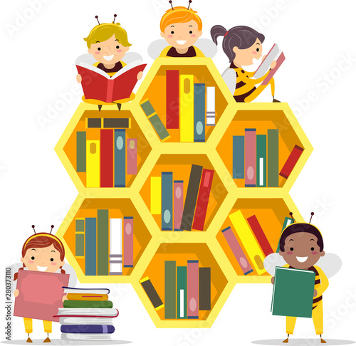 Stickman Kids Bee Hive Book Shelf Illustration