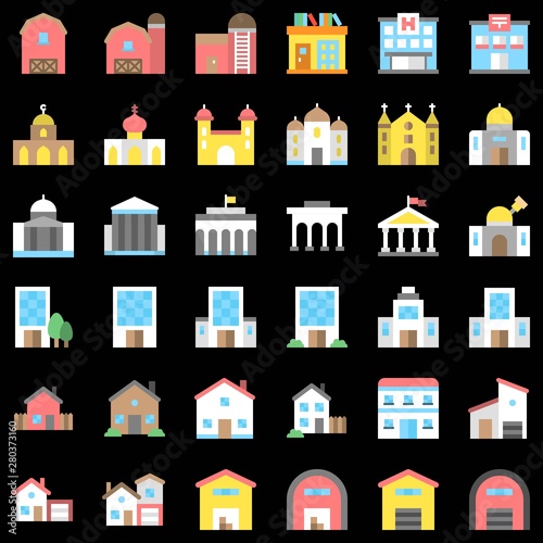 Buildings set flat design editable outline icons of school college house mosque church banks