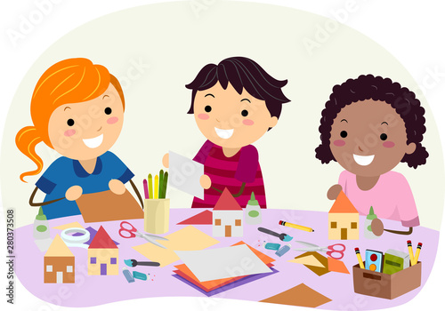 Stickman Kids Paper House Craft Illustration