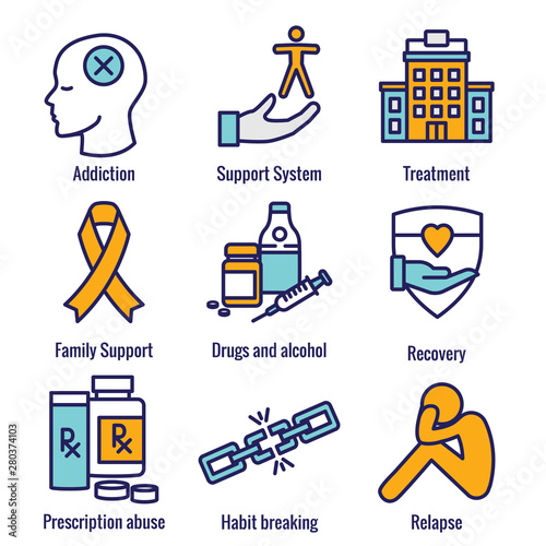Drug & Alcohol Dependency Icon Set - support, recovery, and treatment