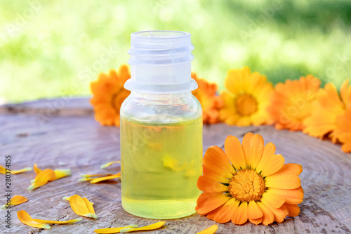 calendula essential oil near the yellow flowers of calendula on a wooden background in nature. Extract of tincture of calendula.