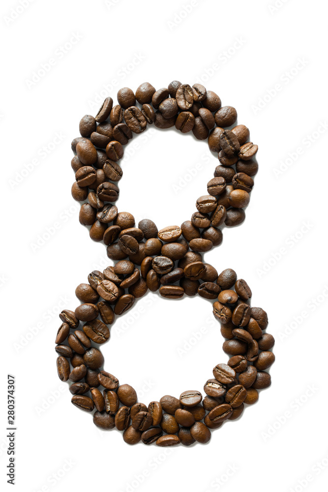 A digit 8 laid out of roasted fragrant coffee beans on a white background A digit 8 laid out of roasted fragrant coffee beans on a white background