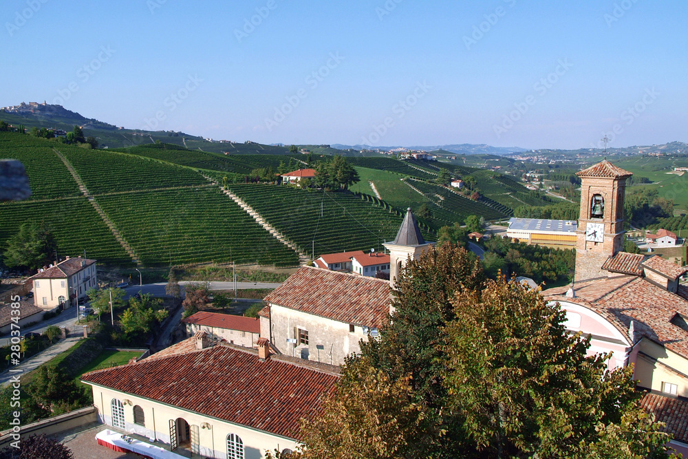 Barolo, Piedmont/Italy - View on the Langhe vineyards from the Barolo castle.