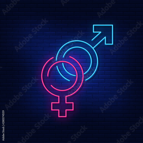 Neon lighting lettering (U+26A4) concatenated "male" and "female" signs as a symbol of heterosexuality, a symbol of gender. Modern vector logo, icon, banner, shield, screen, gender symbol.