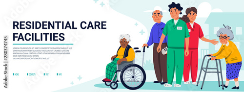 Residential care facilities concept. Group of elderly people and social workers. Horizontal banner or cover. Senior people healthcare assistance flat Vector illustration.