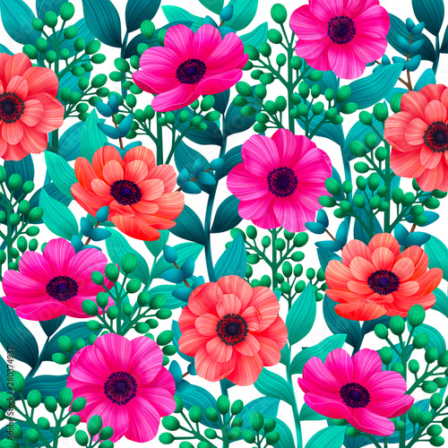 Luminous tropical background with 3d style flowers and leaves on white. Trend...