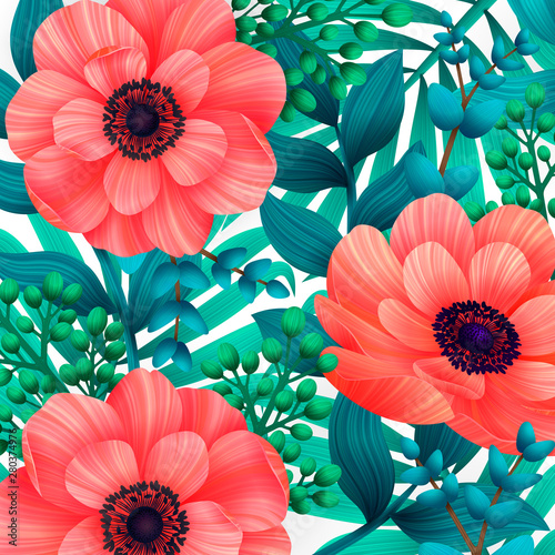 Luminous tropical background with 3d style wild coral flowers. Beautiful anem...