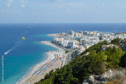 View over Rhodes town, beach and parasailing  from the Temple of Athena Polias and Zeus Polieus, Rhodes, Greece © JM Rimestad