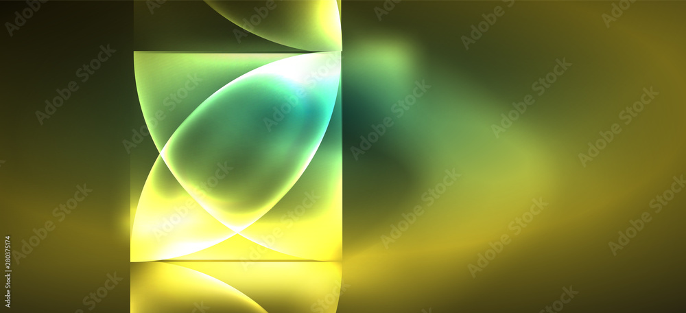 Techno glowing glass geometric shapes vector background, futuristic dark template with neon light effects and simple forms Techno glowing glass geometric shapes vector background, futuristic dark template with neon light effects and simple forms