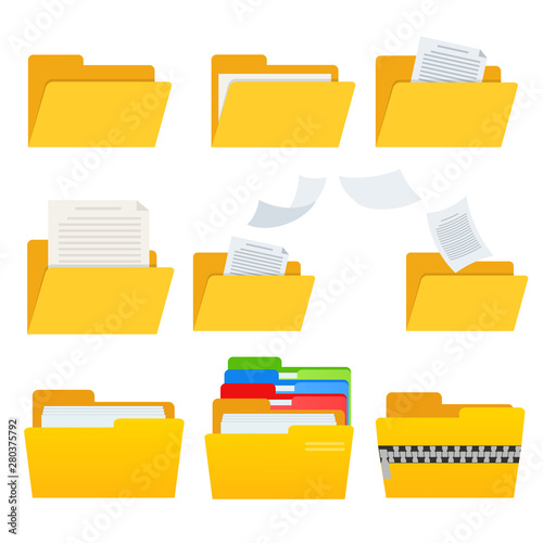 set of yellow web computer folder icon with documets for design on white, stock vector illustration photo