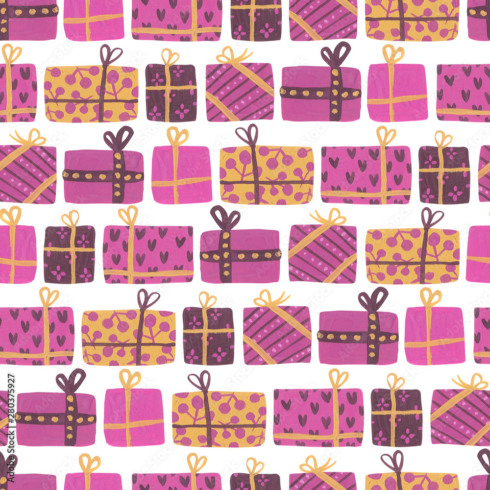 Seamless pattern with pink gift boxes. Holiday background with cute gifts. Gouache illustration.