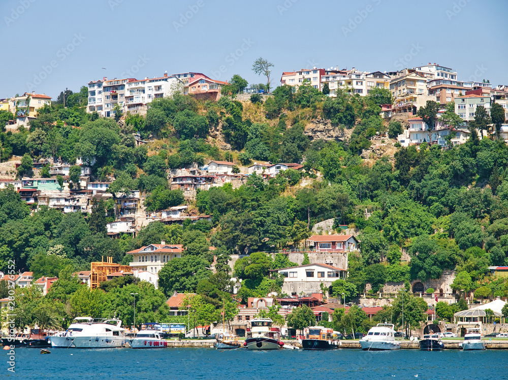 Residential buildings and boats along the Bosporus Strait in Turkey.