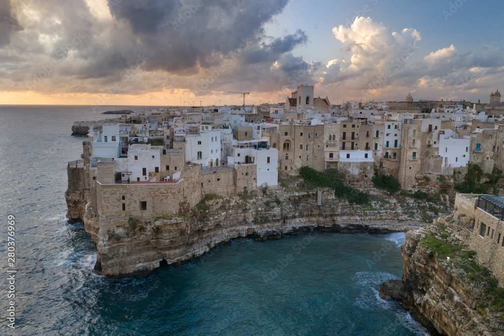 Polignano a Mare, aerial view above the city, Italy