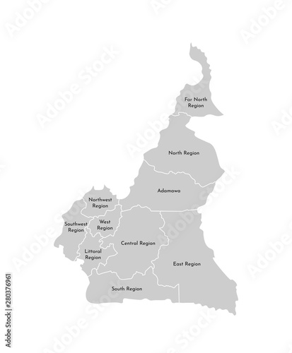 Vector isolated illustration of simplified administrative map of Cameroon; Borders and names of the regions. Grey silhouettes. White outline
