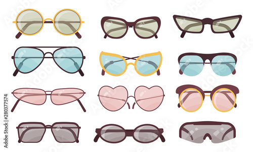Accessory sun spectacles vector set. Collection of colorful sunglasses. Summer eyeglasses.