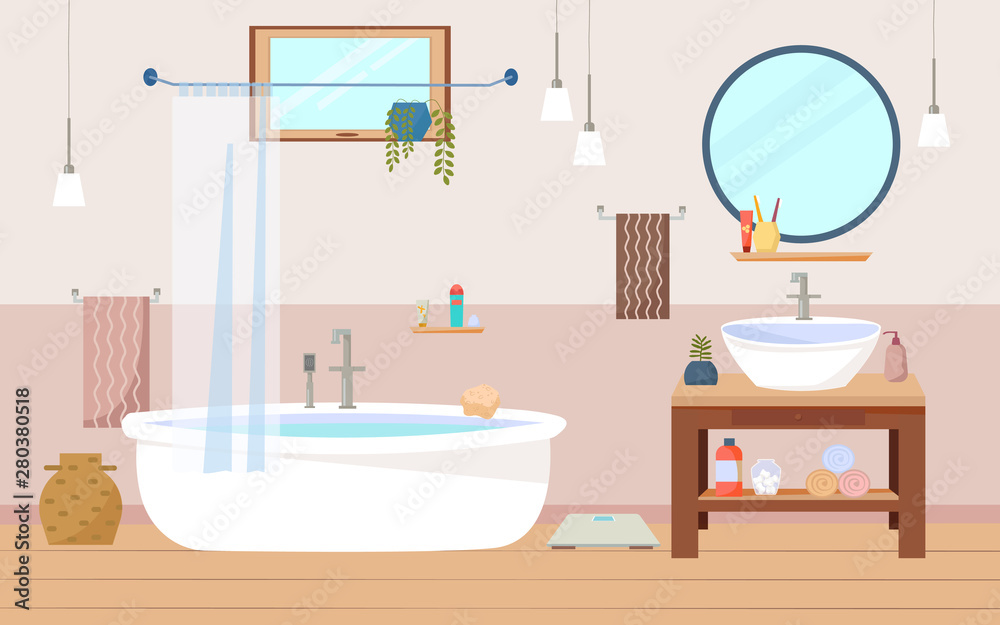 Bathroom interior furniture with bath, sink and wooden cupboard, a round mirror, lamps, towels, window. Flat vector illustration Bathroom interior furniture with bath, sink and wooden cupboard, a round mirror, lamps, towels, window. Flat vector illustration