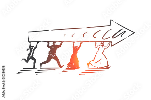 Teamwork, coworking, partnership, success, globalization concept sketch. Hand drawn isolated vector illustration