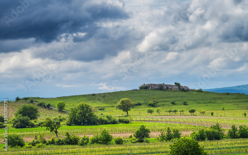Cloudy landscape with boulder on a hill in burgenland Austria