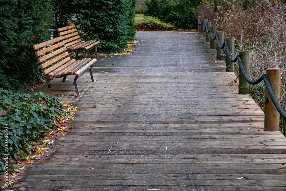 Path in the park. Empty yellow wooden benches on weathered wooden flooring with rough rope railing in park of Berlin Germany. Autumn landscape with nobody and fall yellow leaves and green foliage tree Path in the park. Empty yellow wooden benches on weathered wooden flooring with rough rope railing in park of Berlin Germany. Autumn landscape with nobody and fall yellow leaves and green foliage tree