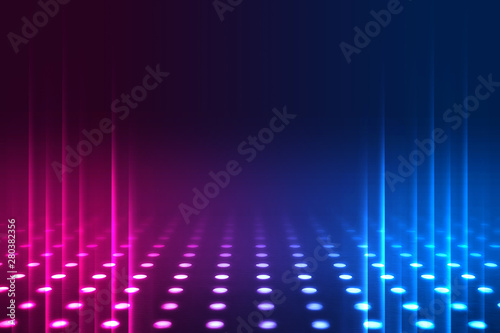 Empty background scene. Dark reflection of the street on the wet asphalt. Rays of blue and red neon light in the dark, neon figures, smoke. Background of empty stage show. Abstract dark background.