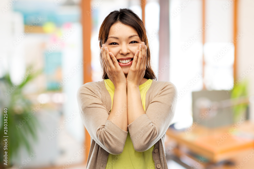 people, expression and emotion concept - happy amazed asian young woman over office background people, expression and emotion concept - happy amazed asian young woman over office background