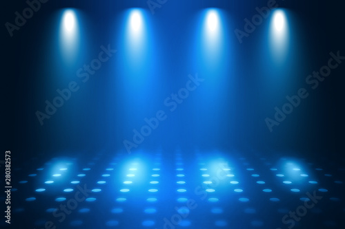 Empty background scene. Dark street reflection on wet asphalt. Rays of neon light in the dark, neon figures, smoke. Background of empty stage show. Abstract dark background.