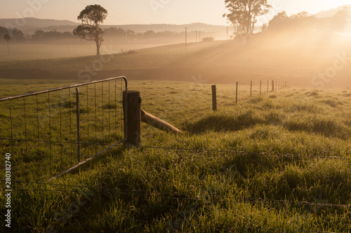 Farm gate on a foggy morning