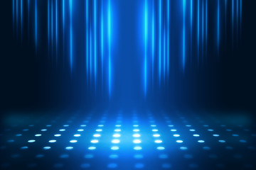 Empty background scene. Dark street reflection on wet asphalt. Rays of neon light in the dark, neon figures, smoke. Background of empty stage show. Abstract dark background.