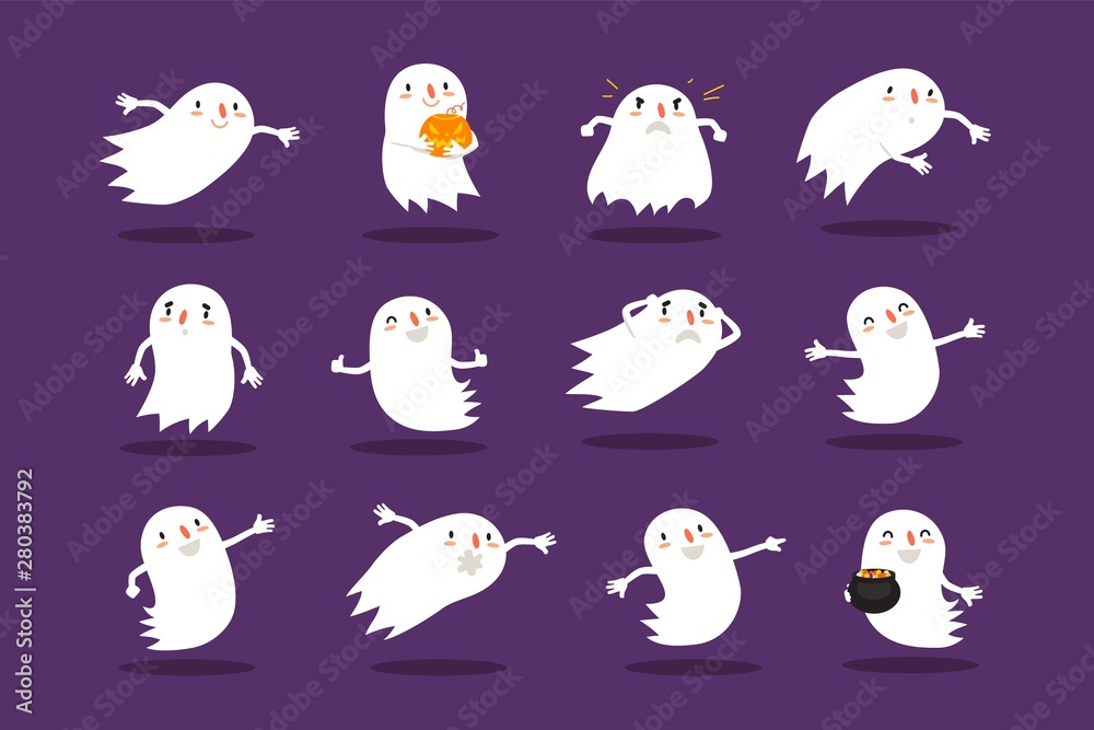 Halloween ghost, set of cute hand-drawn spooks, Vector collection characters