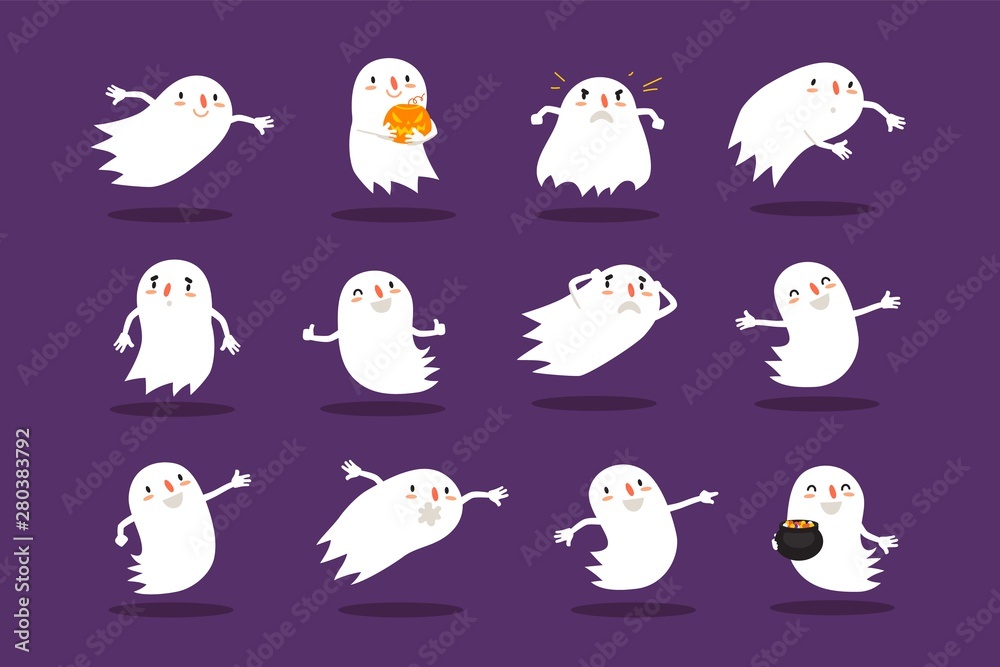 Halloween ghost, set of cute hand-drawn spooks, Vector collection characters Halloween ghost, set of cute hand-drawn spooks, Vector collection characters