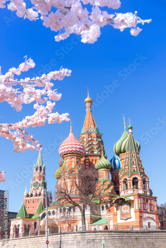 St. Basil's Cathedral and Kremlin Walls in sunny sky. Red square is Attractions popular's touris in Moscow, Russia
