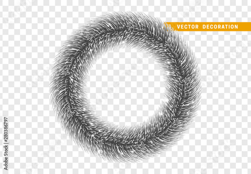 Christmas traditional decorations, dark silver lush tinsel. Xmas circle wreath garland, isolated realistic decor element
