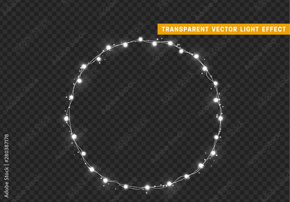 Christmas lights isolated realistic design elements. Xmas glowing lights. Garlands, Christmas decorations.