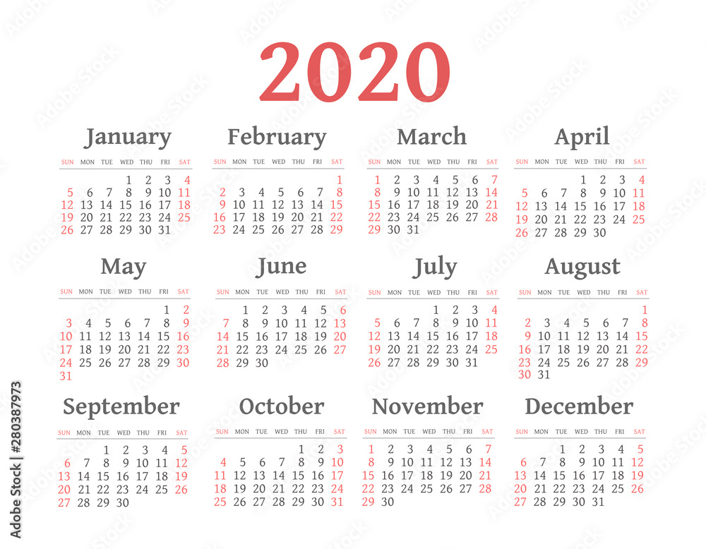 Vector calendar 2020 year. Week starts from Sunday Vector calendar 2020 year. Week starts from Sunday
