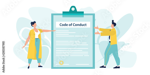 Code of Conduct. Business ethics. Business man and woman looking on document on a clipboard paper. Concept of ethical integrity value and ethics. Vector illustration. Flat cartoon style.