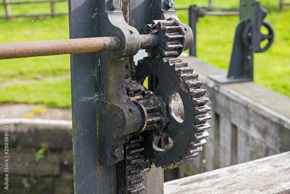 Old winding gear on canal lock gate