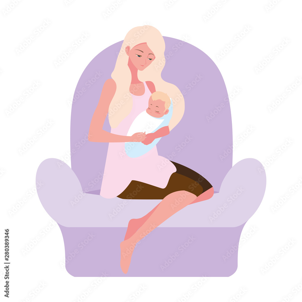 woman with baby sitting on the sofa woman with baby sitting on the sofa
