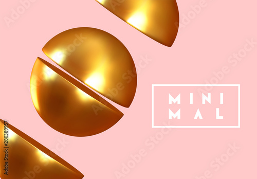 Abstract geometric background with gold ball and spheres. Minimal trendy poster and banner. Realistic golden metallic round and semicircular shapes of objects. 3d design elements. Backdrop geometry.