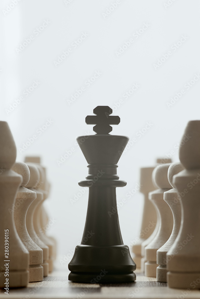 The black king is in the center of the chessboard. White figures stand symmetrically on the sides. The concept of confrontation.