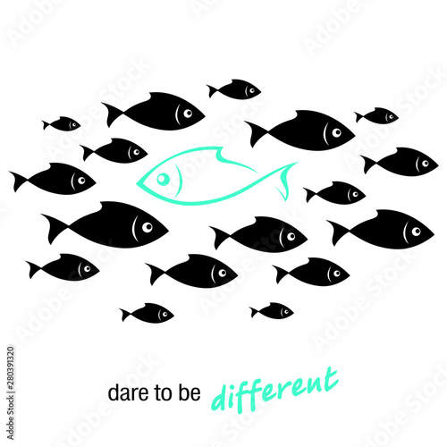 A flock of fish. Shoal of fish illustration with one differen fish inside. 